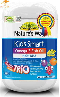Viên nang vị dâu bổ sung Omega - 3 và hàm lượng cao DHA Nature”s Way Kids Smart Omega 3 Fish Oil Trio 60 Capsules